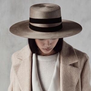 NWT Janessa Leone Pheonix Wide Brim Structured Wool Hat (Small Tan Beige/Brown)